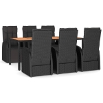 Set Pranzo Giardino 7pz Nero Polyrattan e Legno Massello Acacia