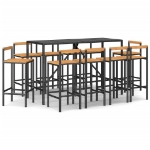 Set Bar Giardino 11 pz Nero Polyrattan e Legno Massello Acacia