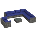 Set Divani da Giardino 10 pz con Cuscini in Polyrattan Grigio