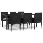 Set da Pranzo da Giardino 7 pz Nero con Cuscini in Polyrattan