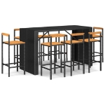 Set Bar Giardino 9 pz Nero Polyrattan e Legno Massello Acacia