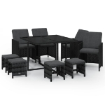 Set da Pranzo da Giardino 9 pz con Cuscini in Polyrattan Nero