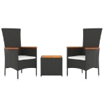 Set Mobili Giardino 3pz Nero Polyrattan e Legno Massello Acacia