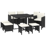 Set da Pranzo da Giardino 9 pz con Cuscini in Polyrattan Nero