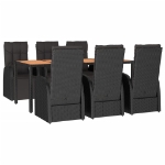 Set Pranzo Giardino 7pz Nero Polyrattan e Legno Massello Acacia