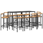 Set Bar Giardino 11 pz Nero Polyrattan e Legno Massello Acacia