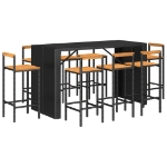 Set Bar Giardino 9 pz Nero Polyrattan e Legno Massello Acacia