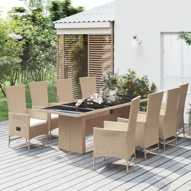 Set da Pranzo da Giardino 9 pz con Cuscini Beige in Polyrattan