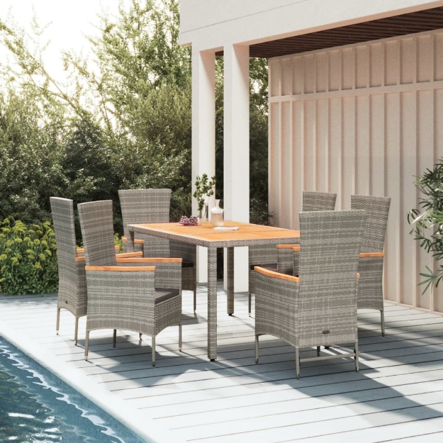 Set da Pranzo da Giardino 7 pz con Cuscini in Polyrattan Grigio