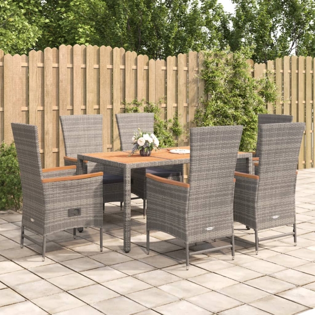 Set da Pranzo da Giardino 7 pz con Cuscini in Polyrattan Grigio