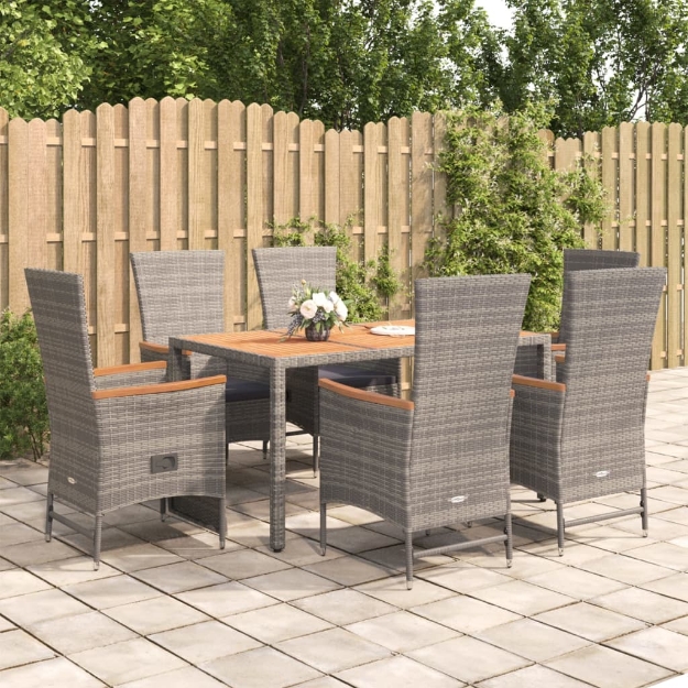 Set da Pranzo da Giardino 7 pz con Cuscini in Polyrattan Grigio