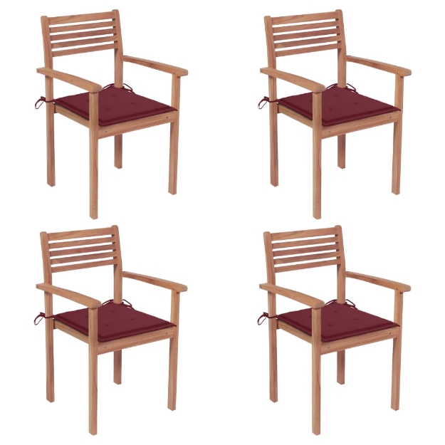 Sedie da Giardino 4 pz con Cuscini Rosso Vino Massello di Teak