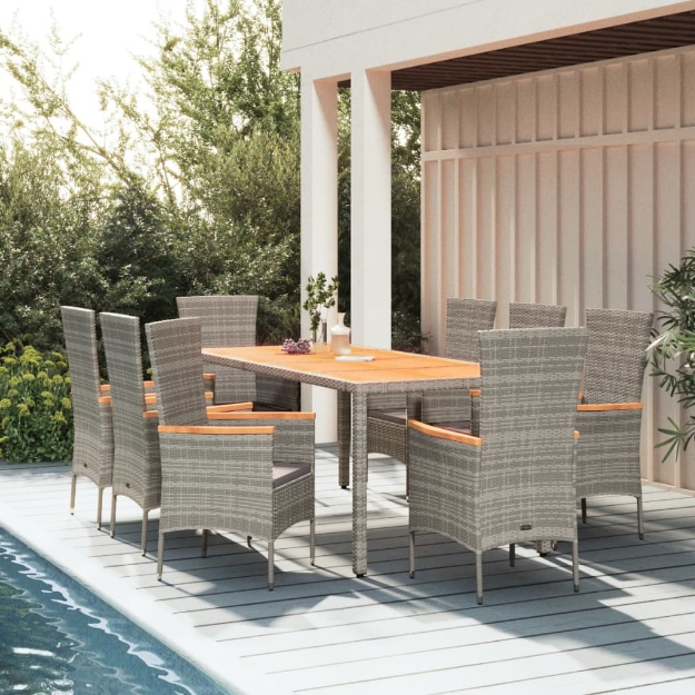 Set da Pranzo da Giardino 9 pz con Cuscini in Polyrattan Grigio