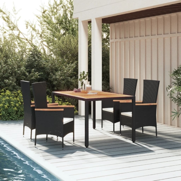 Set da Pranzo da Giardino 5 pz Nero con Cuscini in Polyrattan