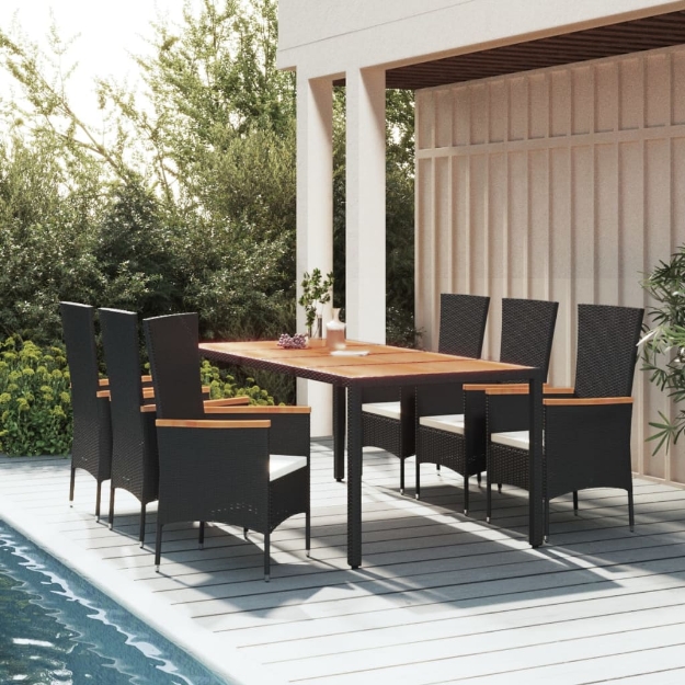 Set da Pranzo da Giardino 7 pz Nero con Cuscini in Polyrattan