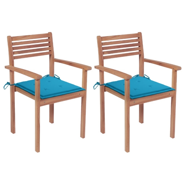 Sedie da Giardino 2 pz con Cuscini Blu in Massello di Teak