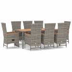 Set da Pranzo da Giardino 9 pz con Cuscini in Polyrattan Grigio