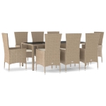 Set da Pranzo da Giardino 9 pz con Cuscini Beige in Polyrattan