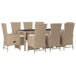 Set da Pranzo da Giardino 9 pz con Cuscini Beige in Polyrattan