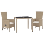 Set da Pranzo da Giardino 3 pz con Cuscini Beige in Polyrattan