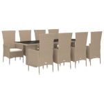 Set da Pranzo da Giardino 9 pz con Cuscini Beige in Polyrattan