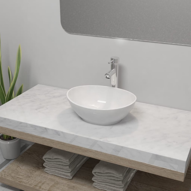 Lavello Bagno con Miscelatore in Ceramica Ovale Bianco