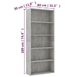 Libreria a 5 Ripiani Grigio Cemento 80x30x189 cm in Truciolato