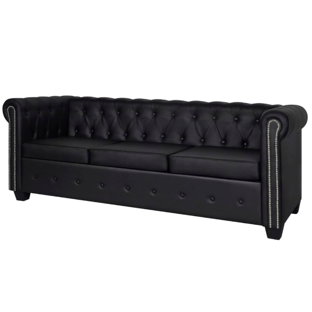 Divano Chesterfield a 3 Posti in Finta Pelle Nero