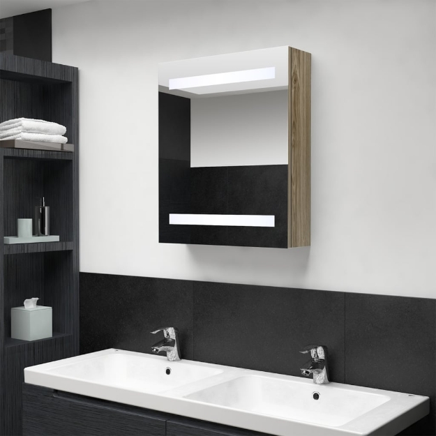 Armadietto Bagno con Specchio e LED Rovere 50x14x60 cm