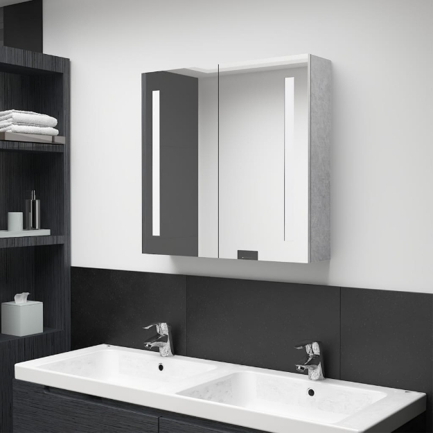 Armadietto Bagno con Specchio e LED Grigio Cemento 62x14x60 cm