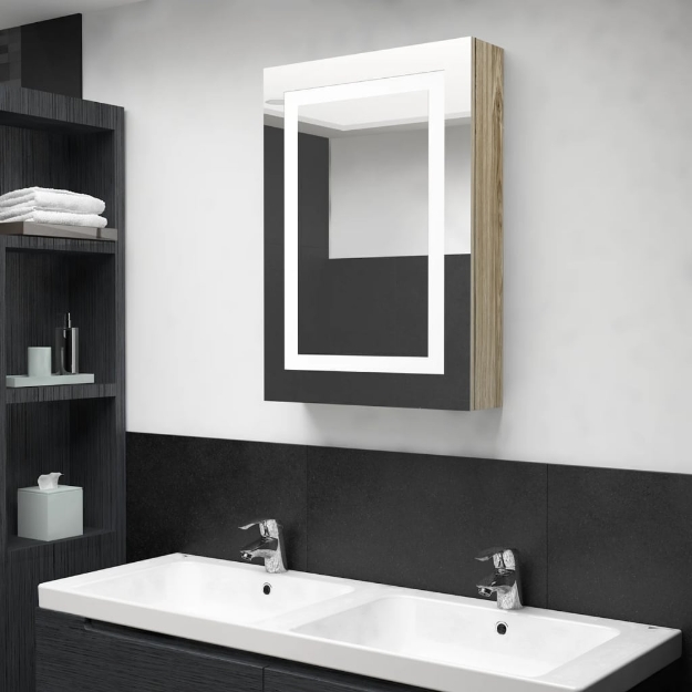 Armadietto Bagno con Specchio e LED Rovere 50x13x70 cm