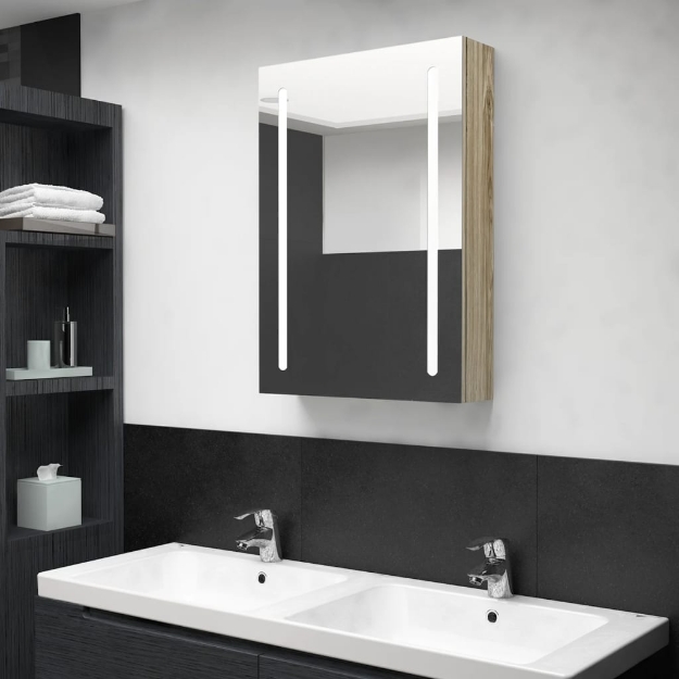 Armadietto Bagno con Specchio e LED Rovere 50x13x70 cm