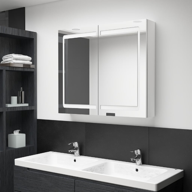 Armadietto Bagno con Specchio e LED Bianco Lucido 80x12x68 cm