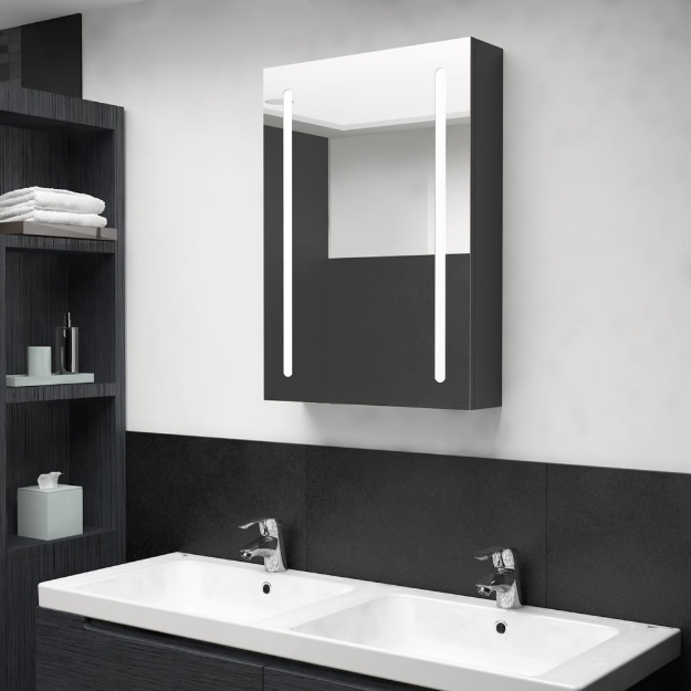 Armadietto Bagno con Specchio e LED Nero Lucido 50x13x70 cm