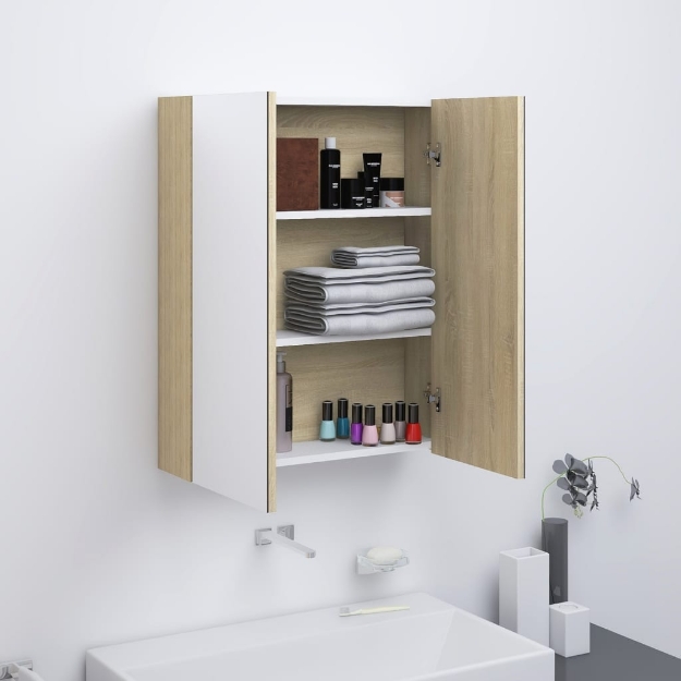 Armadietto a Specchio per Bagno 60x15x75 cm MDF Bianco e Rovere