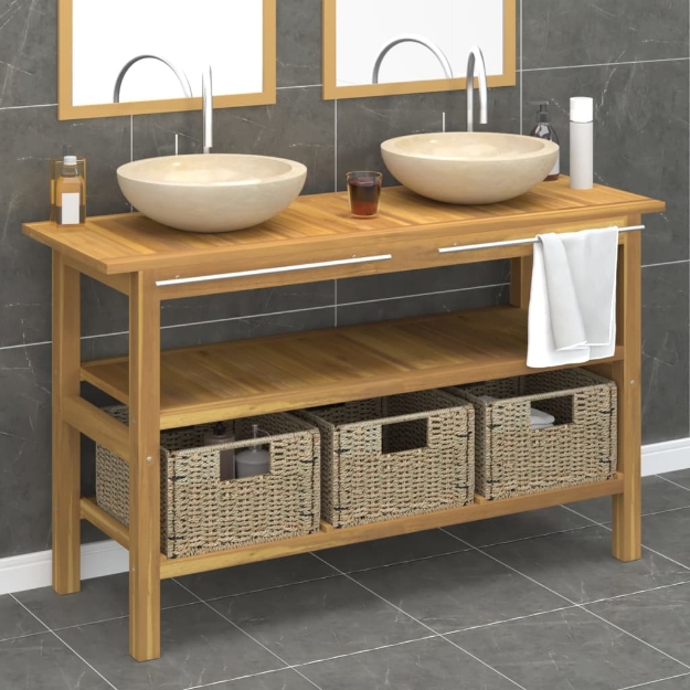 Mobile Vanità Bagno e Lavandini Marmo Crema Legno Massello Teak