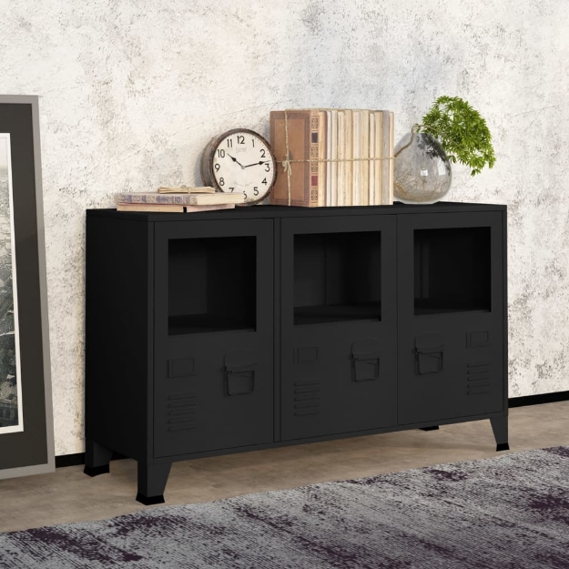 Credenza Nera Industriale 105x35x62 cm in Metallo e Vetro