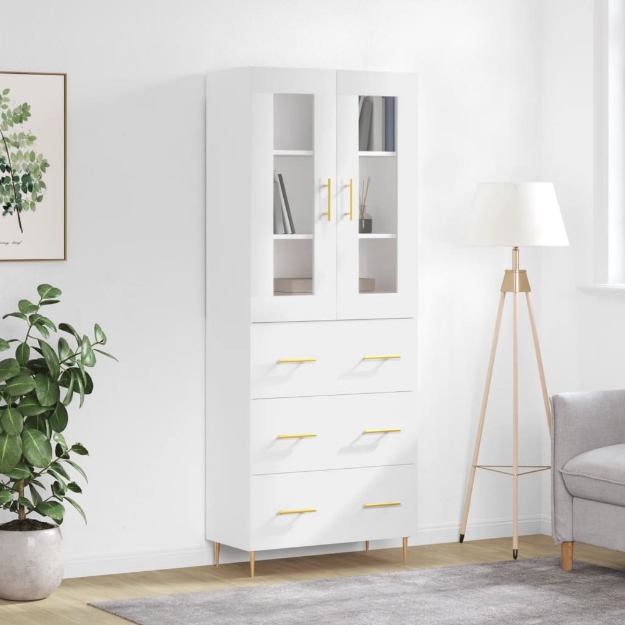 Credenza Bianco Lucido 69,5x34x180 cm in Legno Multistrato