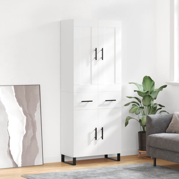 Credenza Bianco Lucido 69,5x34x180 cm in Legno Multistrato