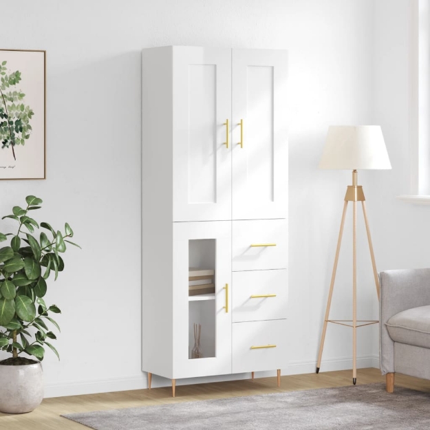 Credenza Bianco Lucido 69,5x34x180 cm in Legno Multistrato