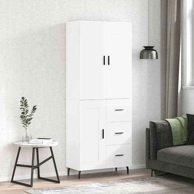 Credenza Bianco Lucido 69,5x34x180 cm in Legno Multistrato