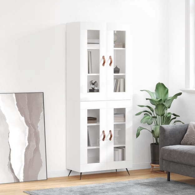 Credenza Bianco Lucido 69,5x34x180 cm in Legno Multistrato