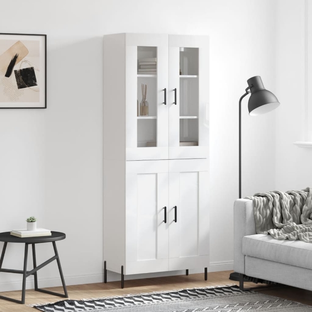 Credenza Bianco Lucido 69,5x34x180 cm in Legno Multistrato