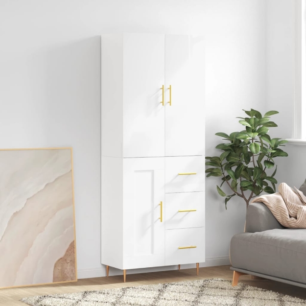 Credenza Bianco Lucido 69,5x34x180 cm in Legno Multistrato