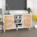 Credenza Bianca 105x30x60cm Legno Massello Pino Rattan Naturale