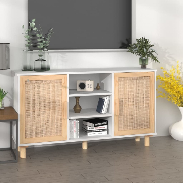 Credenza Bianca 105x30x60cm Legno Massello Pino Rattan Naturale