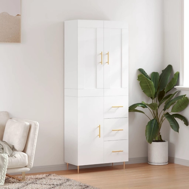 Credenza Bianco Lucido 69,5x34x180 cm in Legno Multistrato