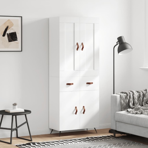 Credenza Bianco Lucido 69,5x34x180 cm in Legno Multistrato