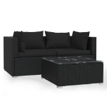 Set Divani da Giardino 3 pz con Cuscini in Polyrattan Nero