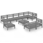 Set Salotto da Giardino 10 pz in Legno Massello di Pino Grigio